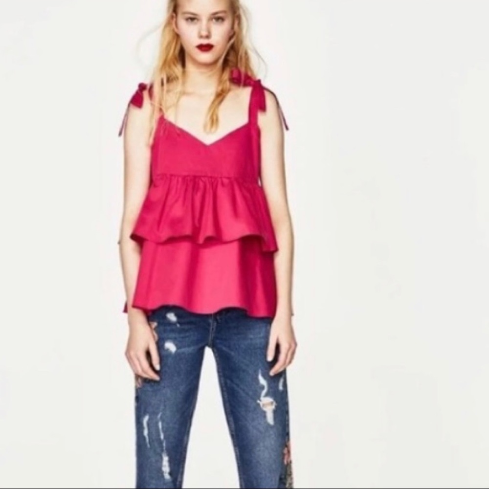 Zara Trafaluc Pink Ruffle With Bows & Frills Top